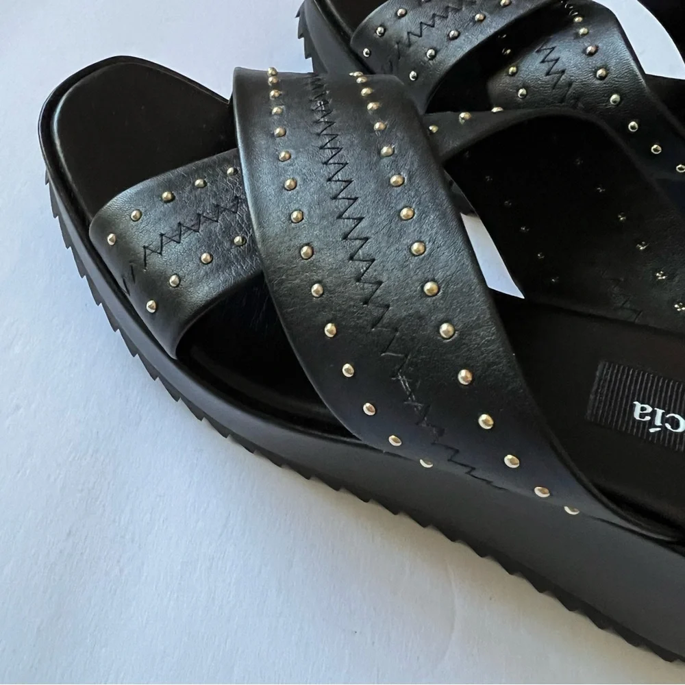 PEDRO GARCIA LEATHER CROSS STRAP PLATFORM WEDGE SANDALS BLACK SIZE 9.5 NWOT